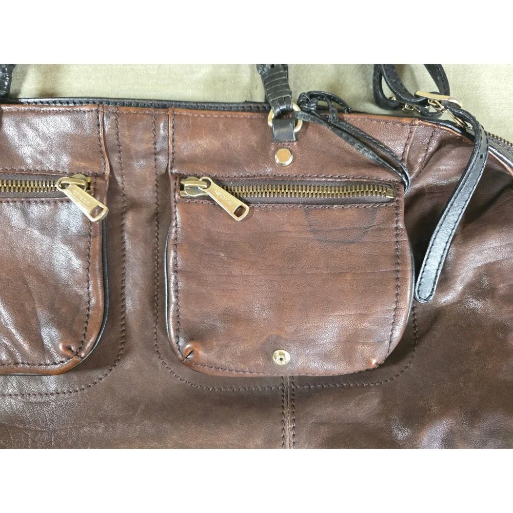 Gryson Joy Brown Black Leather Satchel Bag Made in Italy Moto Cargo Large